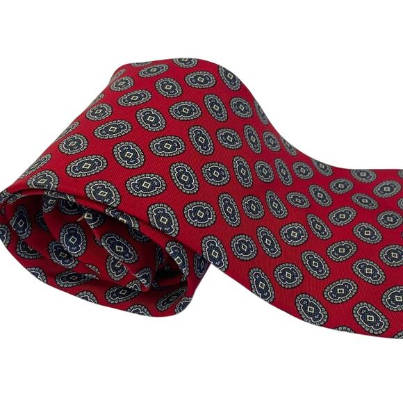 Andhurst Silk Tie, Classic Geometric Print, Red and Navy, 58 1/2" - Picture 3 of 8
